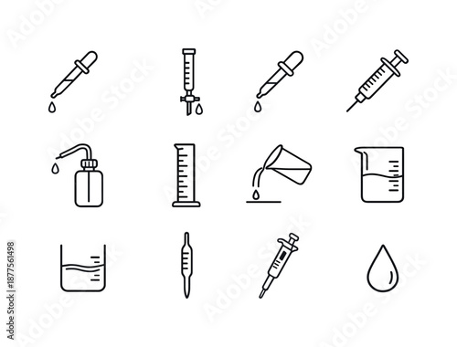 Liquid Handling Icons. Liquid Handling. Line icon set of Liquid Handling: pipette, burette, dropper, syringe, wash bottle, measuring cylinder, pour line,