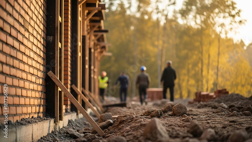 Wallpaper Mural Brick building construction progresses steadily with blurred figures Torontodigital.ca