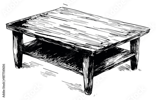 Hand drawn line art illustration of a wooden coffee table depicting a shelf for home interior design