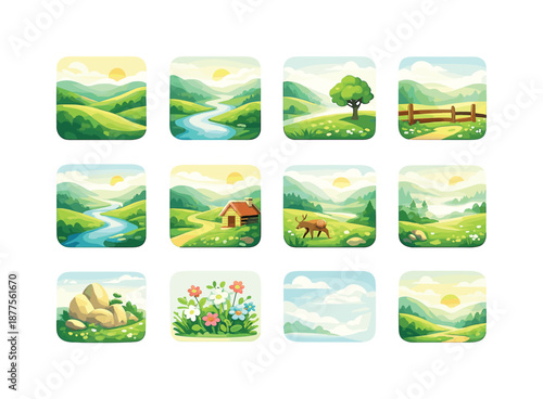 Quiet Valley Icons. Quiet Valley. Colorful flat vector icons set of Quiet Valley: rolling hills, winding river, lone tree, wooden fence, valley path, small