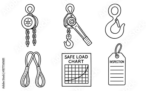 Construction equipment icons: pulley, hooks, and safety charts in black outline