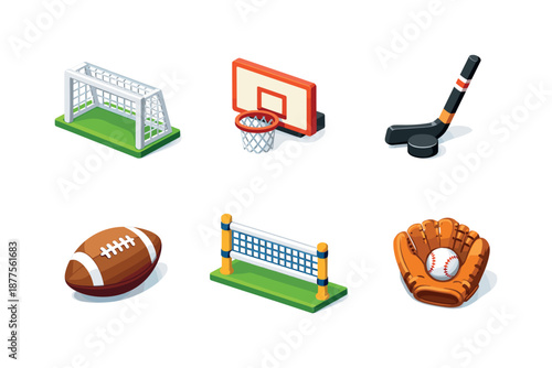 Isometric Team Sports Icons. Team Sports. Isometric flat vector icons set of Team Sports: soccer goal, basketball hoop, hockey stick, rugby ball, volleyball