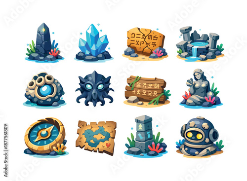 Submerged Mysteries Icons. Submerged Mysteries. Colorful flat vector icons set of Submerged Mysteries: ocean monolith, glowing sea crystal, lost script plate,