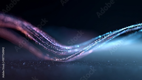 Abstract background showing glowing digital particles creating wave like light trails, representing data flow, network connection, and digital technology concepts with vibrant blue and purple hues