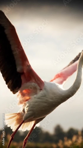 Elegant flamingo taking flight from a sun-drenched marsh during a golden sunset, perfect for high-end travel ads and nature blogs. Vertical Video Portrait Orientation.