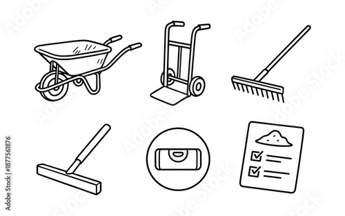 Gardening tools concept: wheelbarrow, dolly, rake, squeegee, level, checklist in black and white