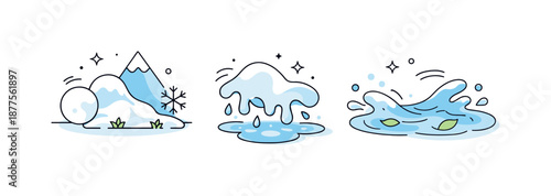 Ice to Water Transformation. From ice to water. A simple transformation scene showing solid snow shapes smoothly becoming fluid forms. The composition reflects