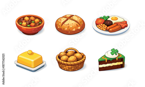 Irish Food Icons. Irish Food. Isometric flat vector icons set of irish food: stew bowl, soda bread loaf, full breakfast plate, butter dish, potato basket,