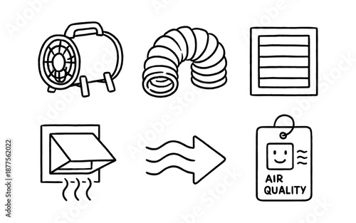 Hand drawn ventilation icons set with air flow and quality symbols