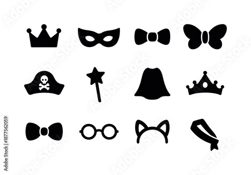 Party Costume Icons. Kids at a birthday party. Solid icon set of costumes & dress-up: crown, superhero mask, bow tie, fairy wings, pirate hat, wand star, cape,