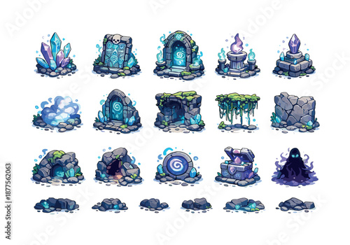 Mysterious Cavern Icons. mysterious caverns. Colorful isometric vector icons set of mysterious caverns: glowing crystals, ancient carving, forgotten shrine,
