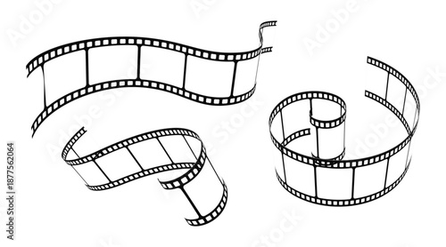 3d film roll. Film strip set with different versions of film. black and white illustration. Movies film background with film roll. 35mm strip. Film strip set vector image. set of film icons.