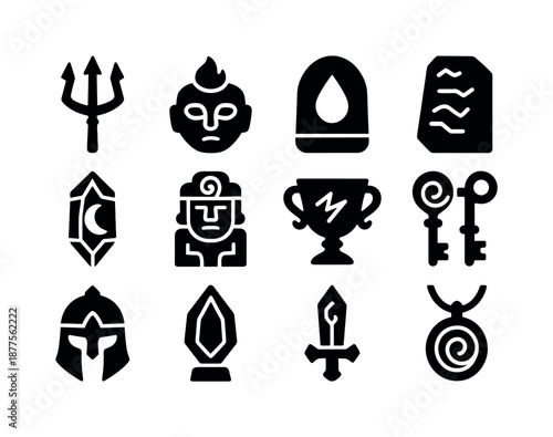 Atlantean Relics Icon Set. Atlantean myth. Solid icon set of legendary relics: king?s trident, oracle mask, tide stone, prophecy tablet, moon crystal, guardian