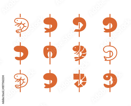 Shrimp Skewer Icons. Shrimp skewers. Icon set. Set Logo of shrimp skewers: shrimp on stick. harmonious logo variations of the same emblematic concept, each