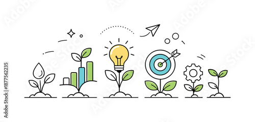 Abstract Brand Growth. Fresh brand direction. Abstract brand symbols growing like plants, representing development and renewal. Floating decorative elements