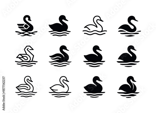 Lakeside Logo Variations. Lakeside. Icon set. Set Logo of Lakeside: waterbird silhouette. harmonious logo variations of the same emblematic concept, each with