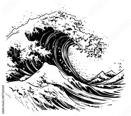 Hand drawn line art illustration of an ocean wave depicting a powerful cresting wave for marine themed design