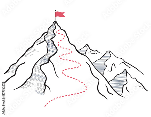 Mountain climbing route to top rock showing a clear path and red flag summit, vector illustration symbolizing rank titles, professional hierarchy, leadership ladder, promotion stages, ambition, resili
