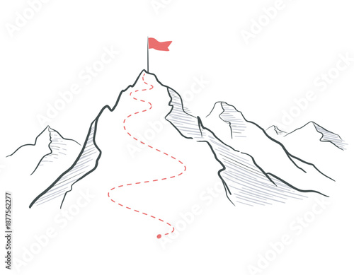 Mountain climbing route to top rock with red flag on peak, vector illustration representing rank titles, career hierarchy, leadership levels, structured promotion progress, business journey toward aut