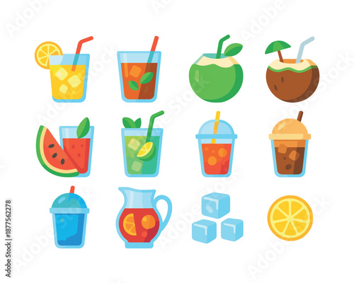 Summer Drink Icons. Summer drinks. Colorful flat vector icons set of summer drinks: lemonade glass, iced tea cup, smoothie jar, coconut drink, watermelon