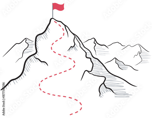 Mountain climbing route to top rock illustrated with red flag on summit, vector artwork reflecting rank titles, power structure, leadership progression, motivation, promotion journey, strategic thinki