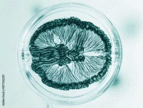 A Petri Dish on a Lab Bench, Showing Concentric Circles of Fungal Colony Growth, Scientific Still Life, Top-Down View