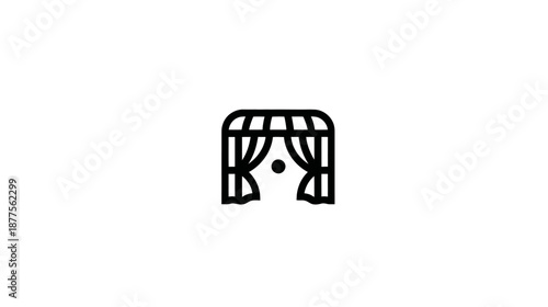 A minimalistic icon depicts a stage curtain and overhead structure. A small circle is at the opening