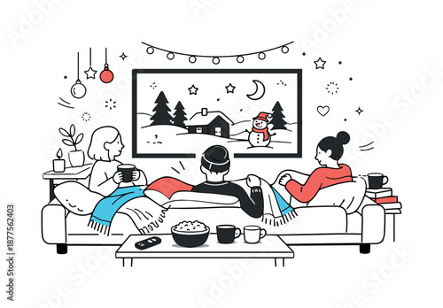 Cozy Holiday Movie Night. Holiday movie night cozy setup. Couch, blankets, pillows and a screen with a simple holiday scene, people settling in. Calm