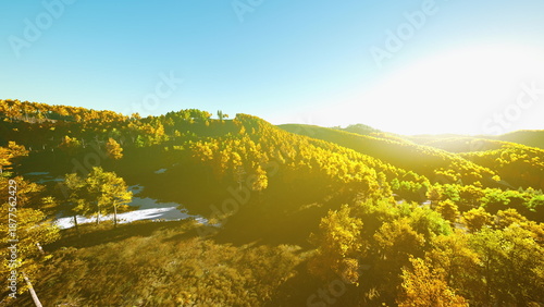 Bild auf Leinwand Warm sunlight bathes the rolling hills of a vibrant autumn forest