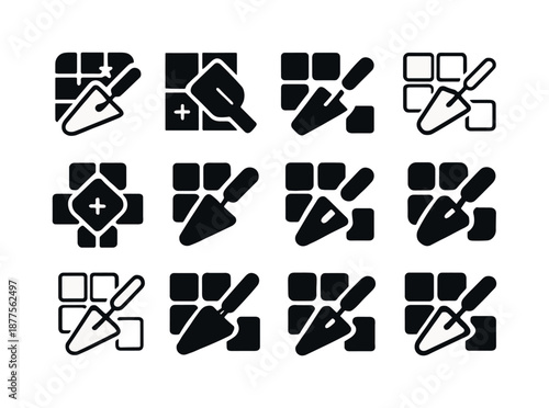 Kitchen Backsplash Icons. Installing a backsplash in the kitchen. Icon set. Set Logo of installing a backsplash in the kitchen: tile spacers. harmonious logo