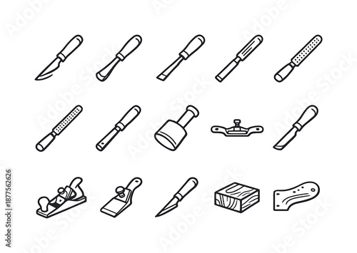 Carving Tool Icons. Carving and shaping tools. Line icon set of Carving and shaping tools: carving knife, gouge, chisel, rasp, file, mallet, spokeshave, plane,
