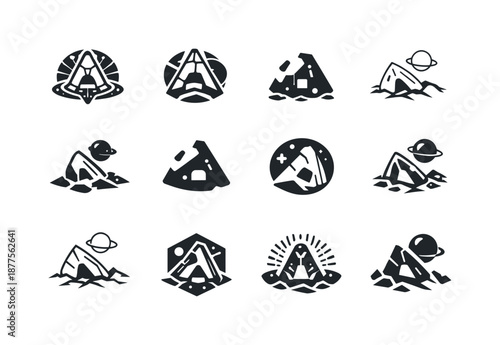 Ancient Extraterrestrial Icons. The search for ancient extraterrestrial life. Icon set. Set Logo of the search for ancient extraterrestrial life: cosmic probe