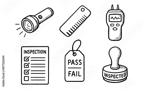 Hand-drawn inspection tools set: flashlight, ruler, multimeter, checklist, tag, stamp