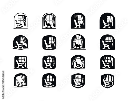 Rocking Chair Logos. Rocking chair by the window. Icon set. Set Logo of rocking chair by the window: rocking chair with curtain folds. harmonious