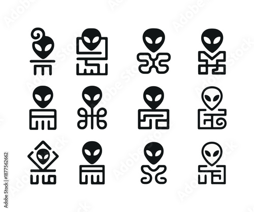 Extraterrestrial Icon Set. The search for ancient extraterrestrial life. Icon set. Set Logo of the search for ancient extraterrestrial life: alien hieroglyph.