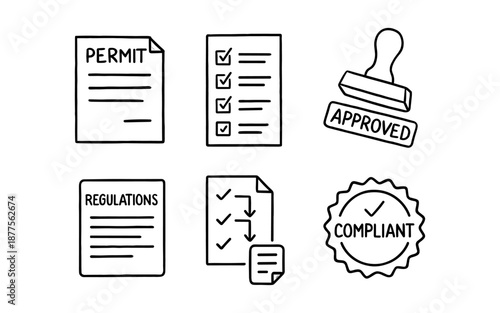 Business compliance icons featuring permit and regulations in hand-drawn style