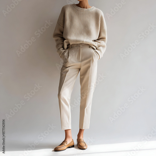 Minimal Beige Outfit with Knit Sweater and Trousers