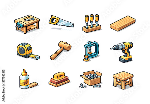 Colorful Woodworking Icons. Woodworking and building furniture. Colorful isometric vector icons set of woodworking and building furniture: workbench, hand saw,