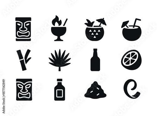 Tiki Cocktail Icons. Tiki cocktails. Solid icon set of tiki cocktails: tiki mug, flaming garnish, pineapple drink, coconut cup, bamboo straw, palm leaf, rum