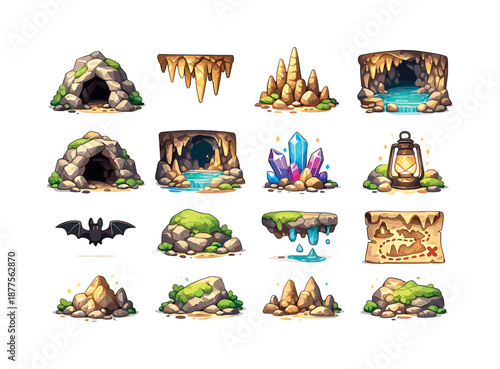 Cave Icons Collection. Caves and caverns. Colorful flat vector icons set of caves and caverns: cave entrance, stalactites, stalagmites, underground lake, rock