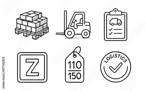 Warehouse and logistics icons: forklift, pallet, checklist, shipping label, delivery badge