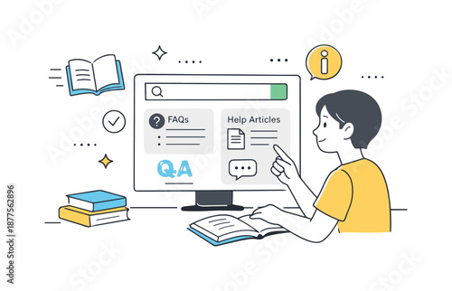 User-Friendly Help Resources. Knowledge base and self-service support. User browsing help articles and FAQs on a screen, calm problem-solving and independence.