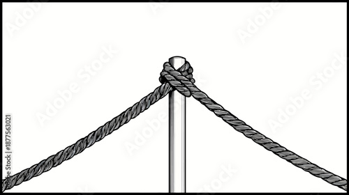 A black and white illustration depicts ropes tied around a vertical pole, forming a complex knot