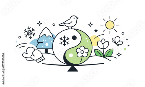 Seasonal Harmony Illustration. Seasonal balance concept. Abstract composition blending winter and spring symbols into one cohesive scene. Modern minimal
