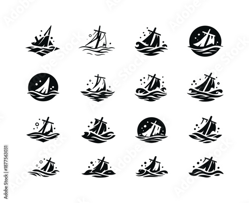 Sunken Ships Icon Set. sunken ships. Icon set. Set Logo of sunken ships: drifting sail fragment. harmonious logo variations of the same emblematic concept,
