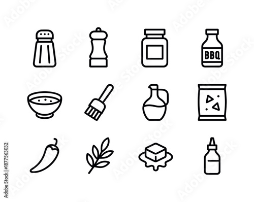 Seasoning Icon Set. Seasoning & sauces. Line icon set of Seasoning & sauces: salt shaker, pepper grinder, spice jar, BBQ sauce bottle, marinade bowl, brush,