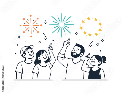 Fireworks Celebration Moments. Watching fireworks celebration. People pointing upward and smiling as simple firework shapes bloom in the sky. Sense