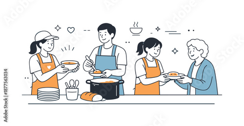 Warm Community Service. People volunteering in soup kitchen serving food. Volunteers carefully handing bowls and plates with gentle gestures. Dignified support