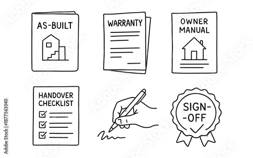 Hand-drawn construction and documentation icons set for manuals and checklists