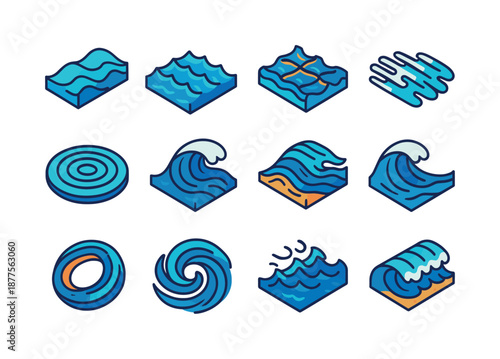 Colorful Wave Patterns. Wave patterns. Colorful isometric vector icons set of wave patterns: smooth swell, choppy waves, cross-sea pattern, foam streak, ripple